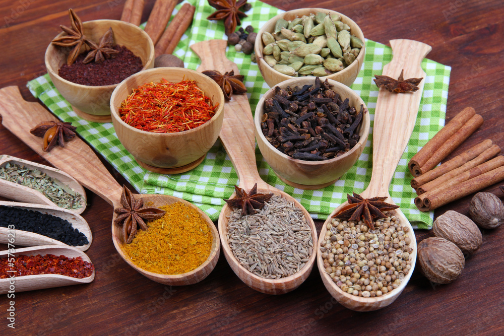 Various spices and herbs on wooden background