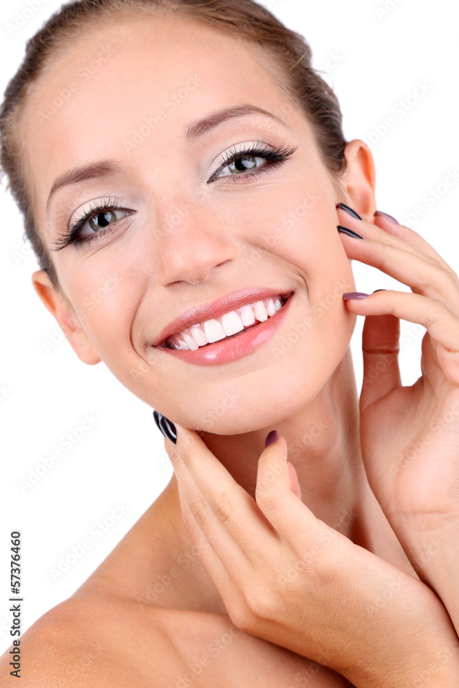 Beautiful girl with glowing skin close-up isolated on white Beautiful girl with glowing skin close-up isolated on white