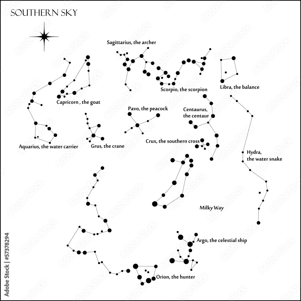 Star map, southern sky constellations Star map, southern sky constellations