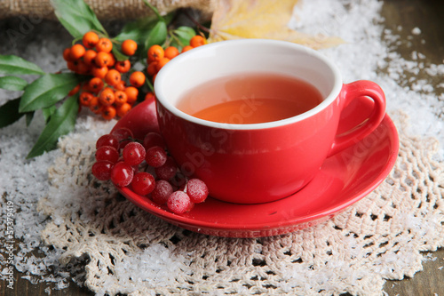 Still life with orange viburnum tea in cup, berries and snow,