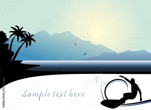 Tropical  background.Surfer silhouette and place for your text