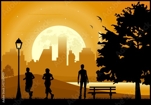Activities in the park , running , rollerblading