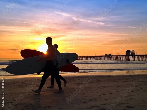 Surfers Sunset Oceanside Pier Beach San Diego California USA