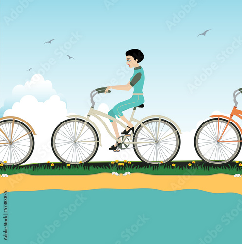Women riding a bicycle.