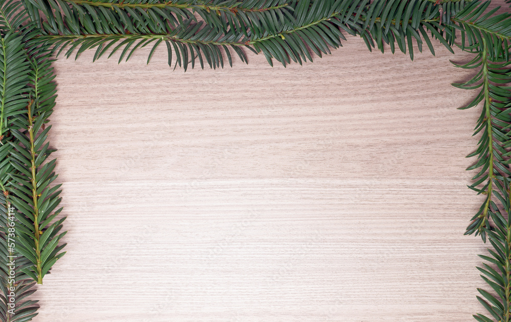 Tannenzweig Rahmen auf einem Holzbrett Tannenzweig Rahmen auf einem Holzbrett