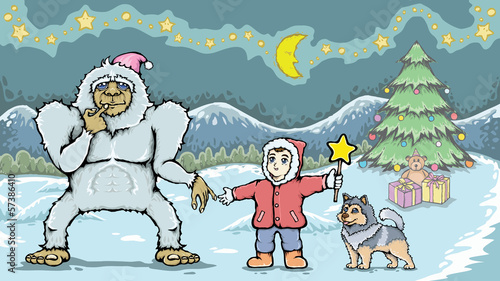 Boy and yeti monster in christmas day