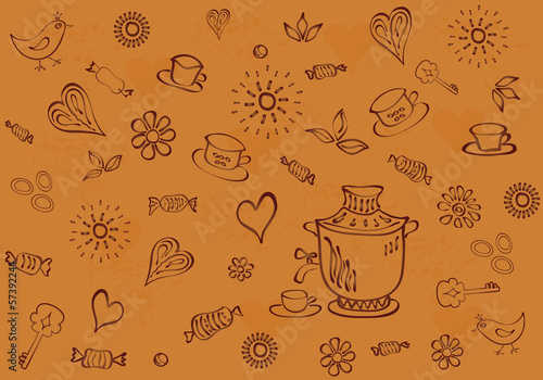 Chocolate-brown background with cups, figurines, sweets, hearts