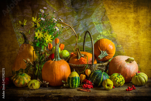Halloween autumn fall pumpkin setting table still life vintage