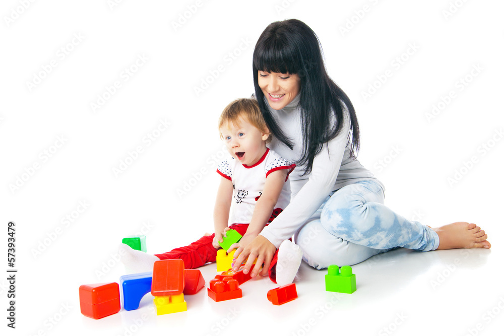 mother and baby playing with building blocks toy