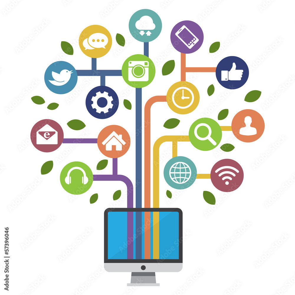 Computer with social media icons Computer with social media icons