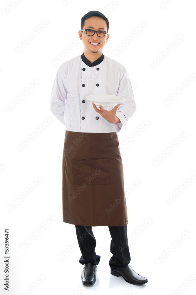 Asian chef holding an empty plate