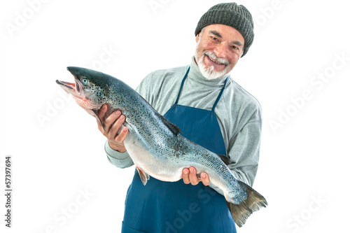 Fototapete Fisher holding a big atlantic salmon fish