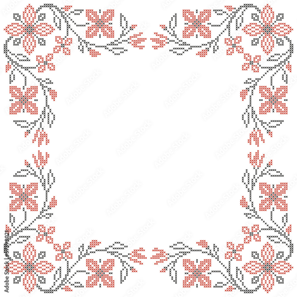 Cross-stitch embroidery in Ukrainian style, floral frame Cross-stitch embroidery in Ukrainian style, floral frame