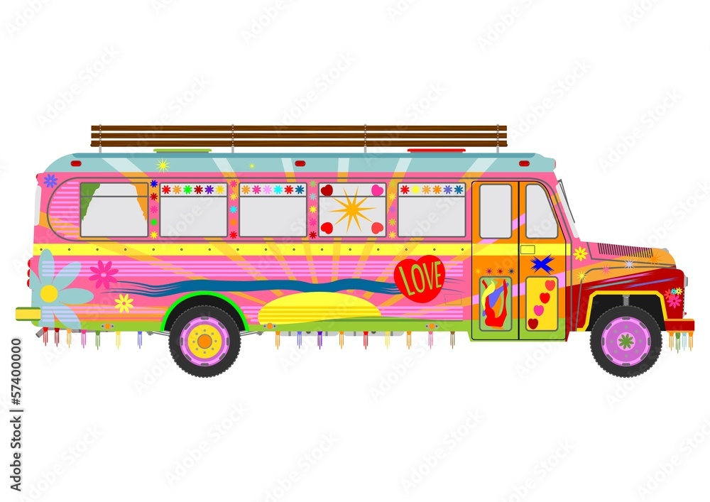 Jingle car. Colourful hippie bus. Flat vector.