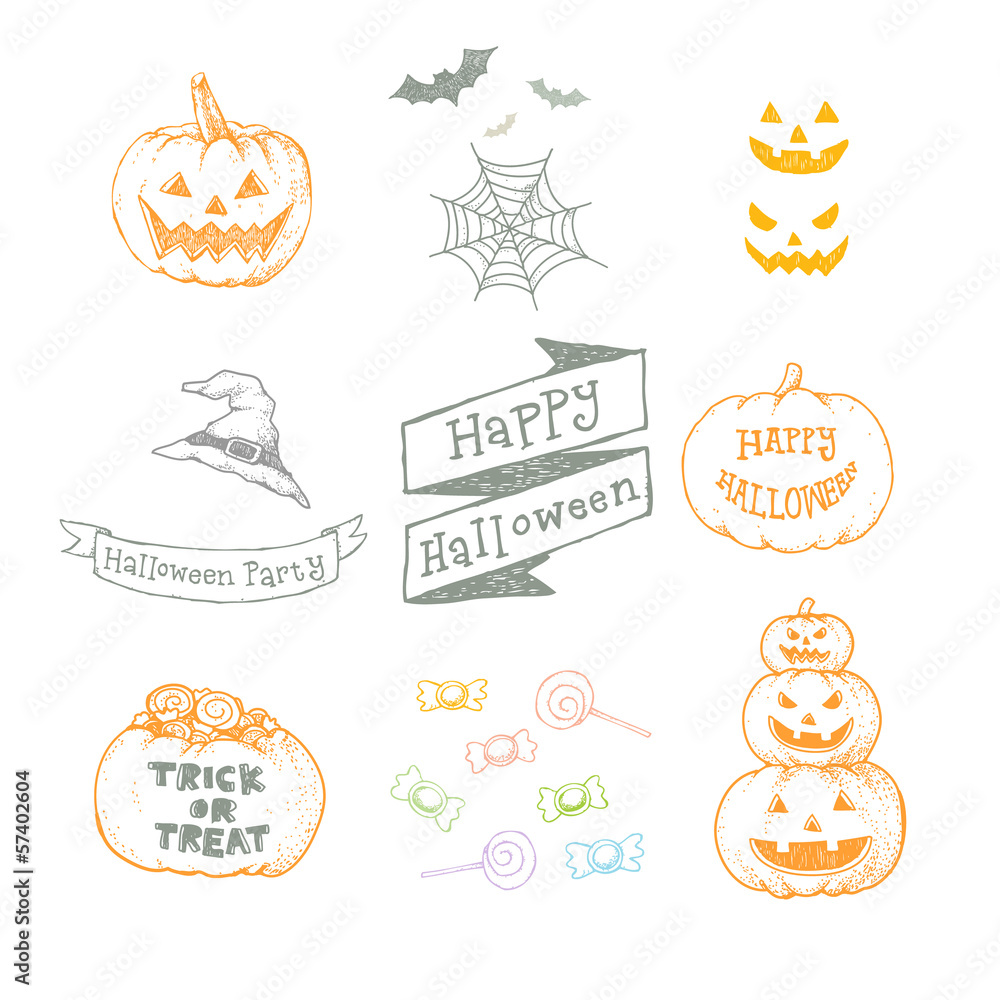 Naklejka premium Set of Halloween hand drawn vector illustration with pumpkin, candy, hat, ribbon. Isolated on white.