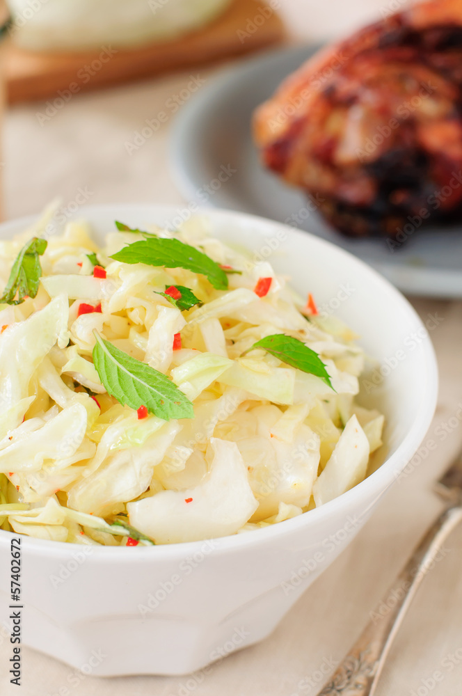 Fresh Cabbage, Mint and Chili Salad, copy space for your text Fresh Cabbage, Mint and Chili Salad, copy space for your text