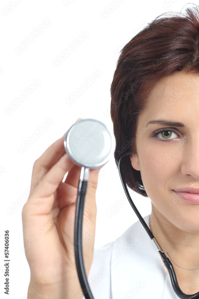 Beautiful doctor woman holding a stethoscope ready to auscultate Beautiful doctor woman holding a stethoscope ready to auscultate