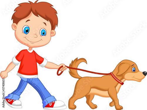 Cute boy walking with dog