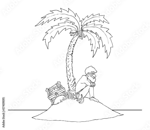 Lonely man on a deserted island, black and white outline,