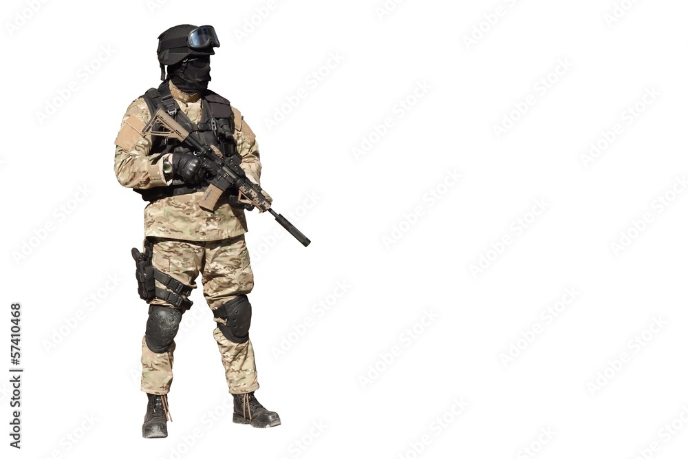 Special Forces soldier, with assault rifle, isolated on white Special Forces soldier, with assault rifle, isolated on white