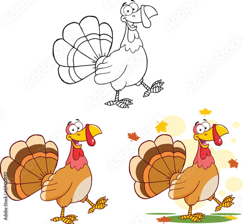 Happy Turkey Cartoon Character Walking. Collection Set