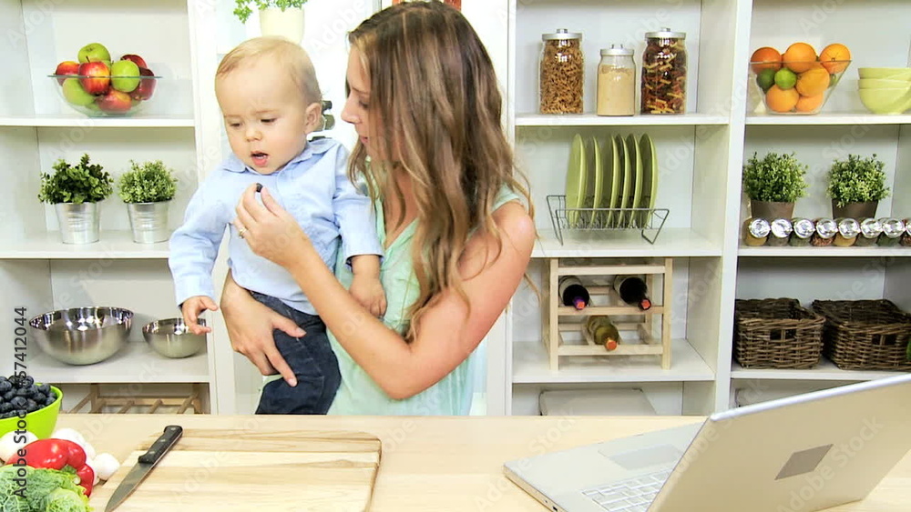 Young Caucasian Mom Baby Boy Home Kitchen Young Caucasian Mom Baby Boy Home Kitchen