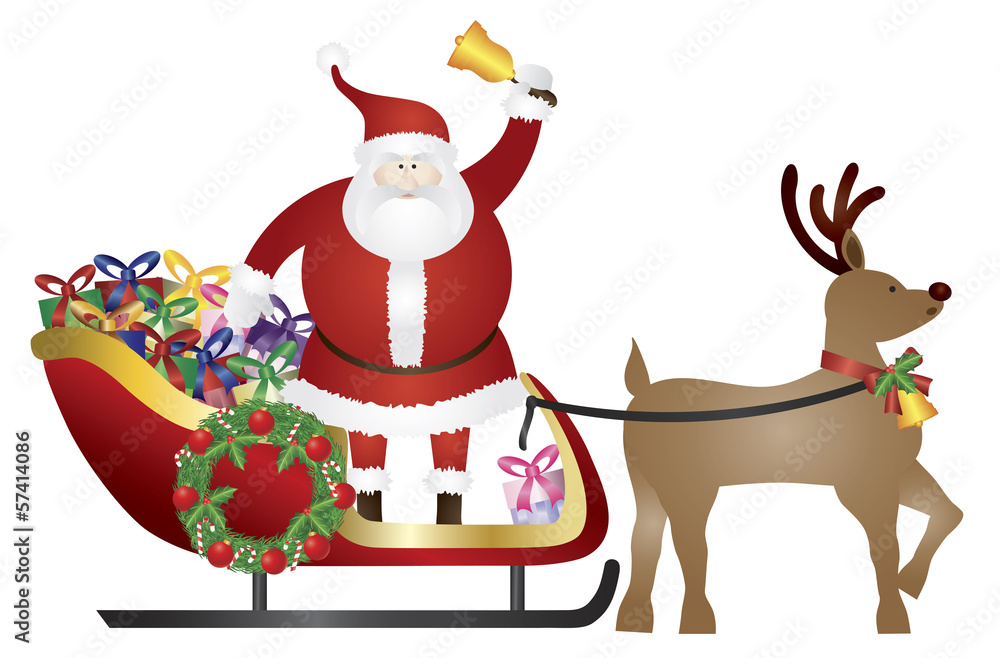 Santa Claus on Reindeer Sleigh Delivering Presents Illustration