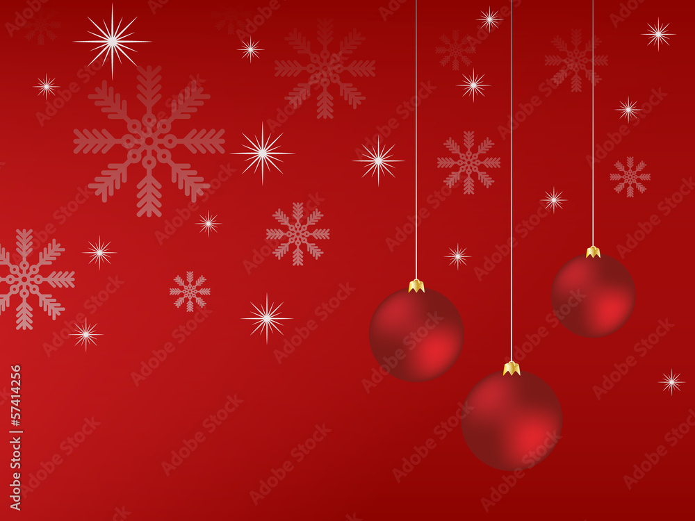 Fototapeta premium Weihnachtskugeln rot hängend mit Schneeflocken