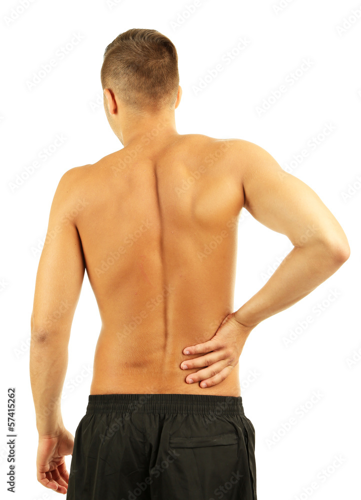 Fototapeta premium Young man with back pain, isolated on white