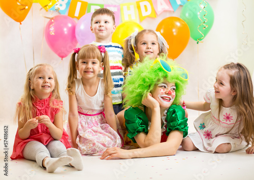 jolly kids group and clown on birthday party