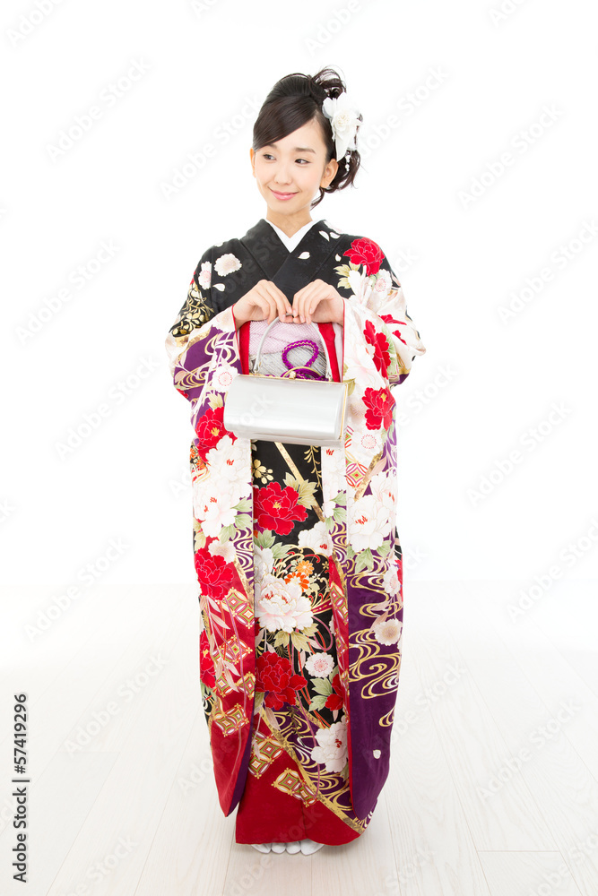 Beautiful asian kimono woman on white background