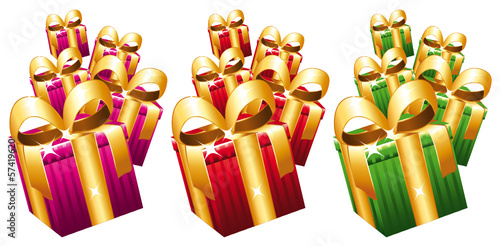 Colorful wrapped gift boxes with golden bows. Icons set.