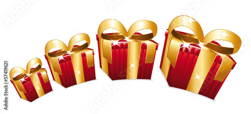 Red gift boxes with golden bow jumping.