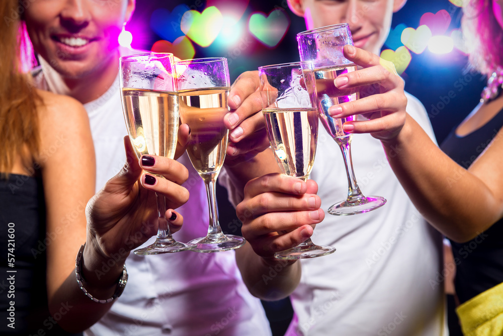 Group of people with glasses of sparkling champagne - obrazy, fototapety, plakaty 