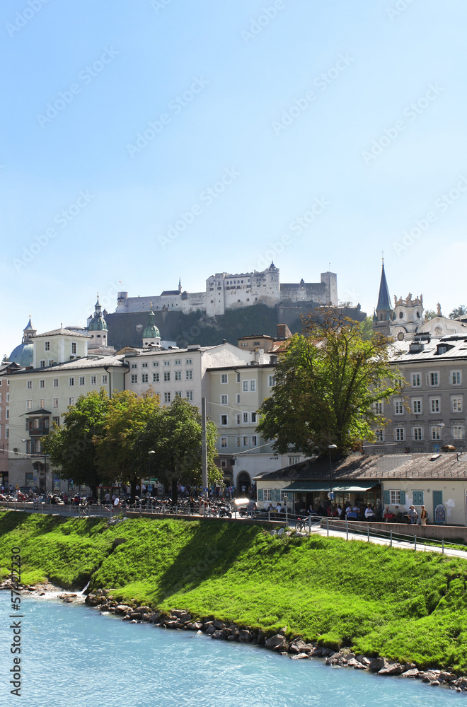 View of city Salzburg and Salzach river, Austria View of city Salzburg and Salzach river, Austria