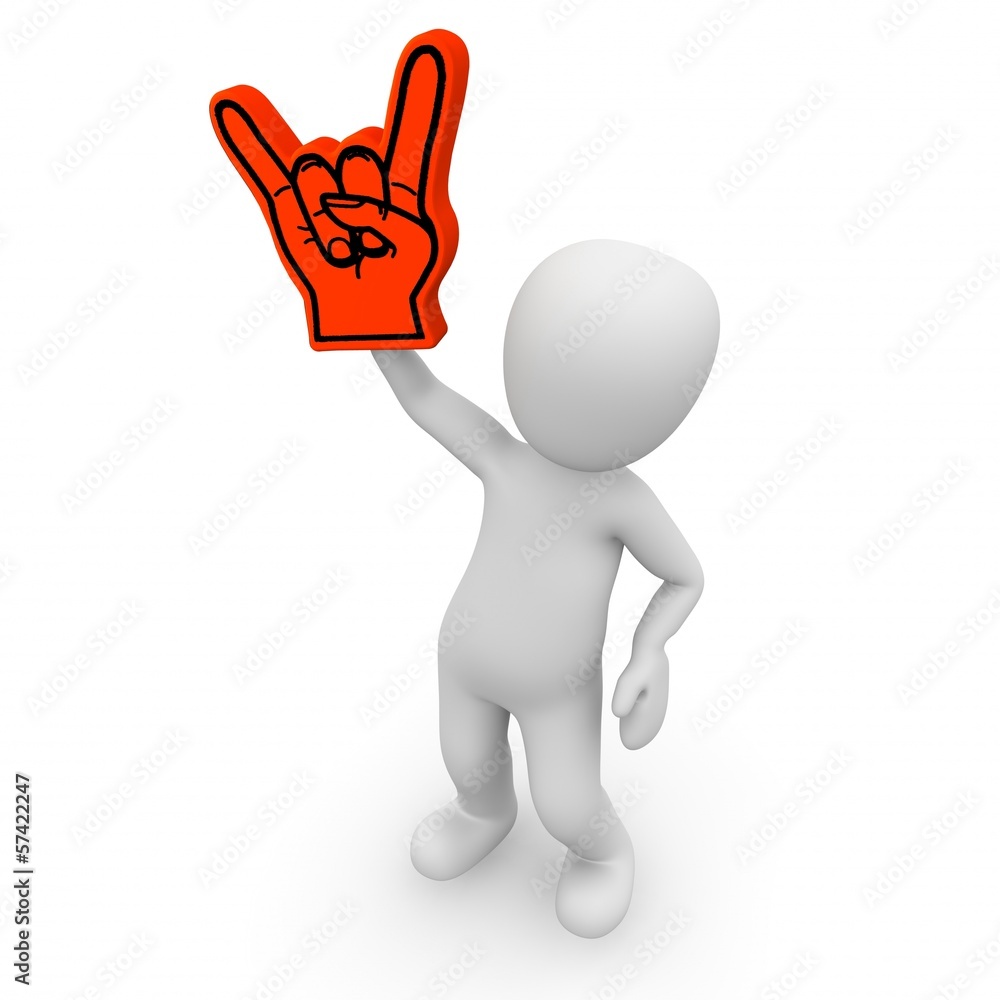 The character celebrates a fixed with a foam hand. The character celebrates a fixed with a foam hand.