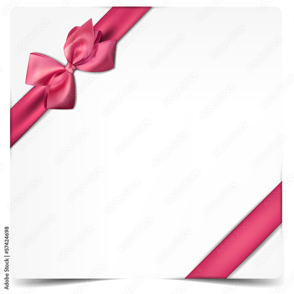 White paper card with gift pink satin bow. White paper card with gift pink satin bow.
