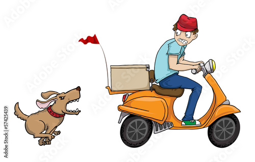 Boy on a scooter running away from angry dog