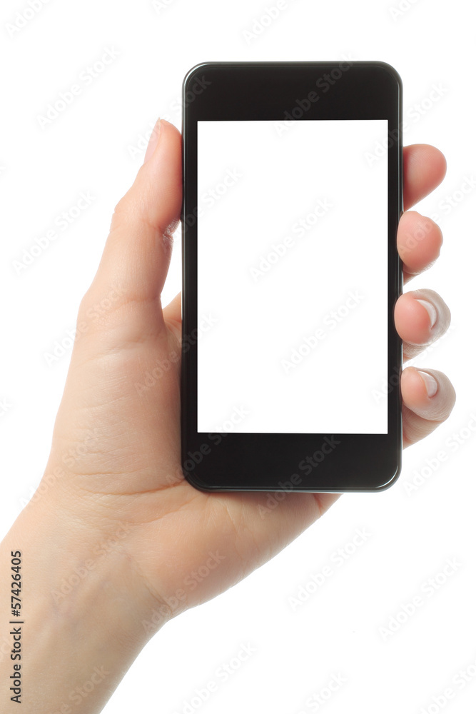 Hand holding smart phone isolated on white background . Hand holding smart phone isolated on white background .