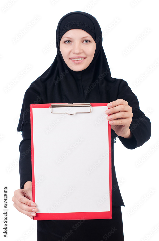 Woman with blank page on white Woman with blank page on white