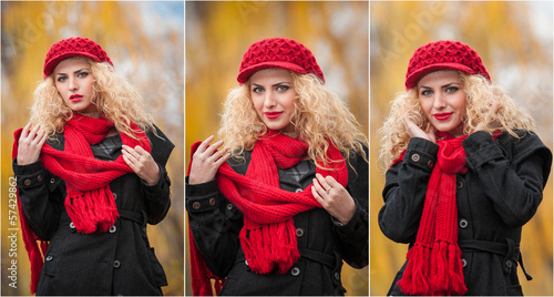 Attractive young woman in a autumn fashion shoot with red cap