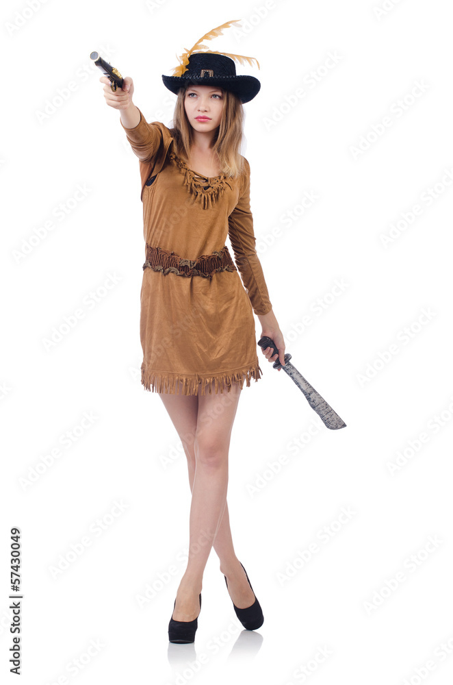 Woman pirate with knife isolated on white Woman pirate with knife isolated on white