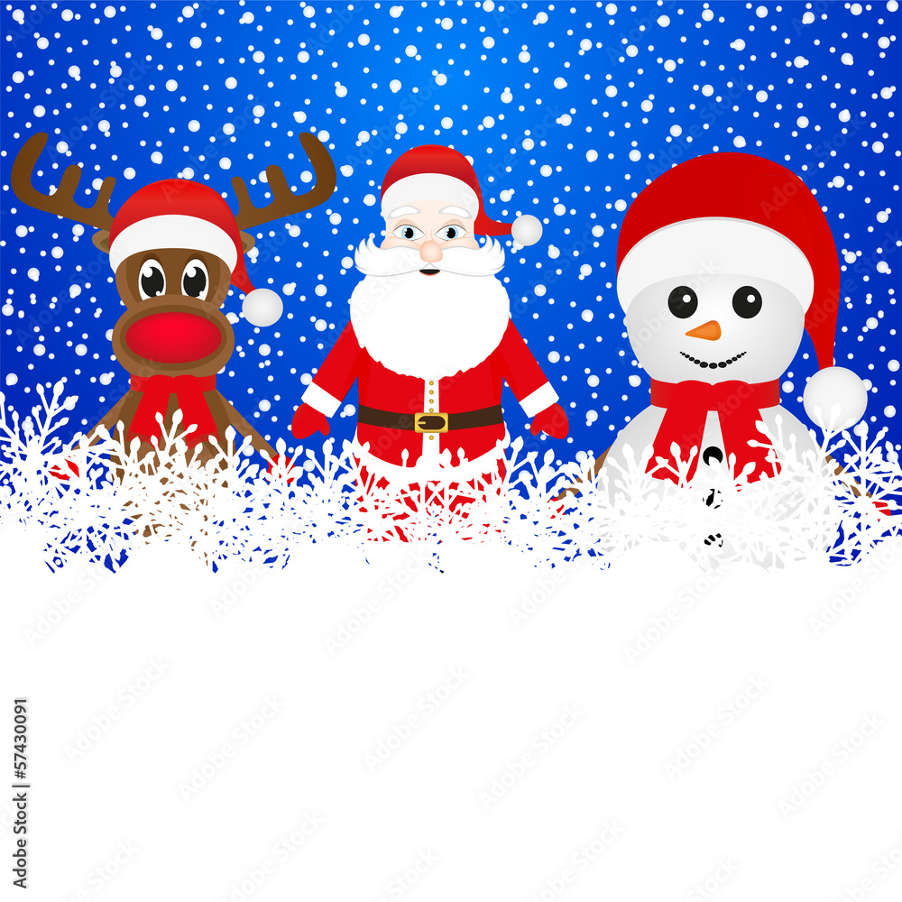Obraz premium Christmas reindeer, snowman and Santa Claus