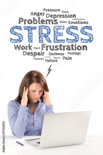 Business woman is sitting in front of a laptop under stress emot photo