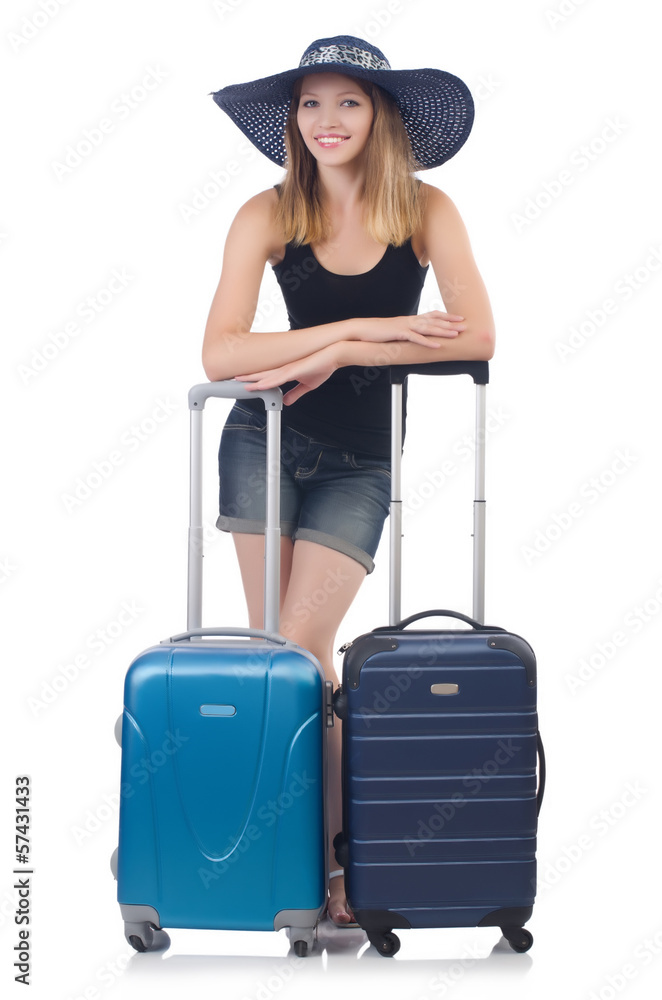 Girl with suitcases isolated on white Girl with suitcases isolated on white