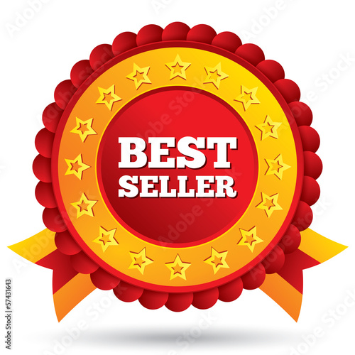 Best seller red label with stars and ribbons