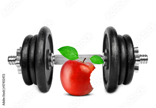Black dumbbell with apple on white background