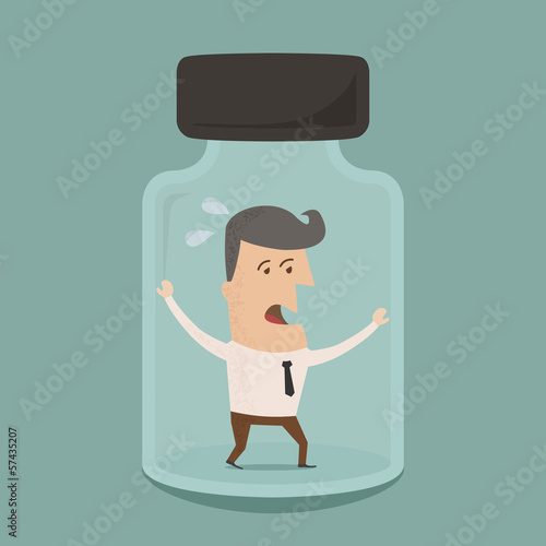 Businessman trapped in a glass jar