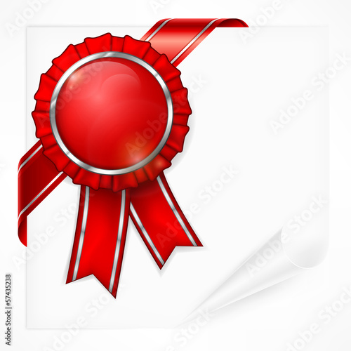 Red award label with ribbon on white paper sheet, vector