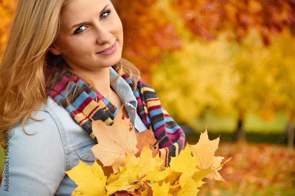 Beautiful autumn woman in golden park Beautiful autumn woman in golden park